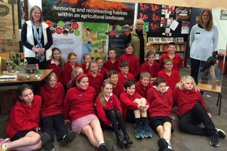 Casterton Primary School Grade 5 Students with from left Teacher Jo Rhook,  Principal Rosemary Lewis and Kerry Gilkes - Red-tailed Black-Cockatoo Recovery Team