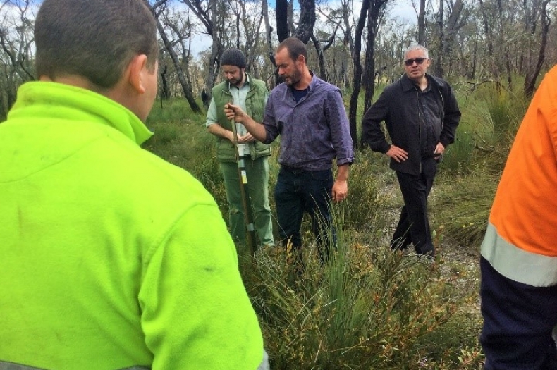 GAs Dave Warne & Doug Phillips with Mitch Williams (DELWP) explain direct seeding techniques