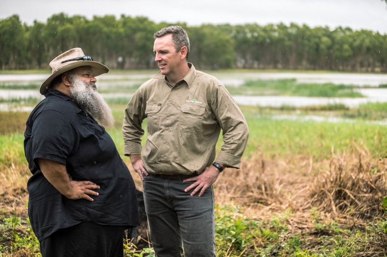 Director of Mungalla Station and traditional owner, Jacob Cassady with CEO of Greening Australia, Brendan Foran. Copyright Annette Ruzicka