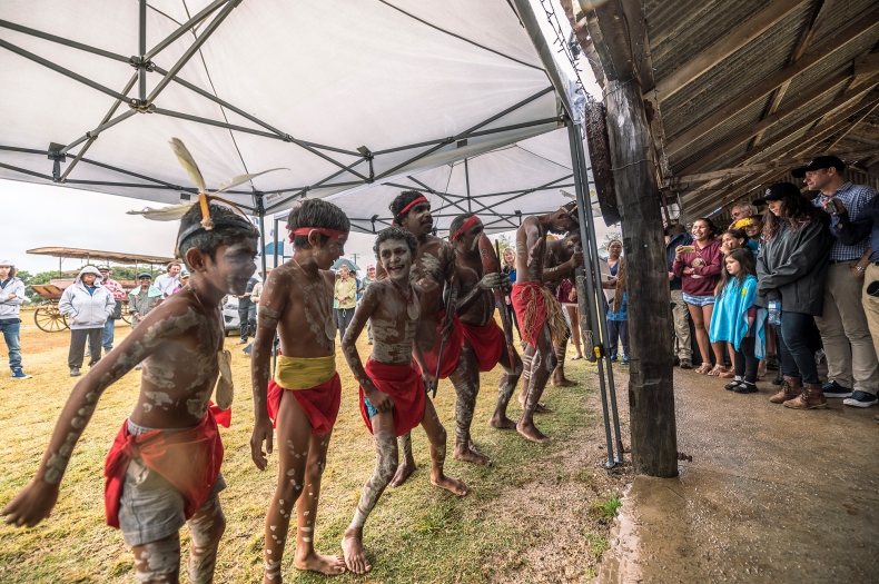 Traditional dancers celebrate the naming of Virgin Australias new Boeing and the launch of Reef Aid at Mungalla Station. Copyright Annette Ruzicka