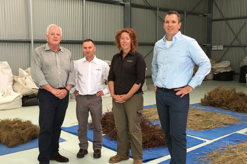 Gordon Davis, President of Greening Australia with Dr Paul Gibson-Roy, Samantha Craigie and CEO Brendan Foran standing in front of a small portion of the seed collected from the SPA.