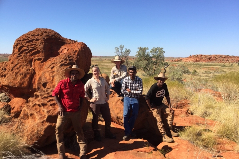 Yandeyarra Rangers with research assistant Sian Thorn and Field Officer Pip Short who spent the day rock hopping to set up cameras and look for signs of quolls and feral predators.