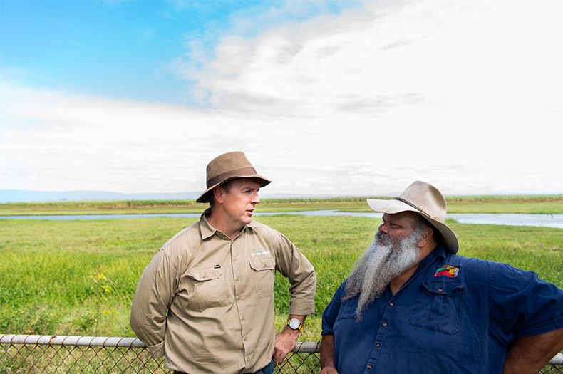 Director of Mungalla Station and traditional owner, Jacob Cassady with CEO of Greening Australia, Brendan Foran on site at Great Barrier Reef location