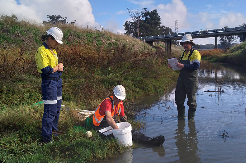 Murdoch University researchers monitoring aquatic life in the Harvey River. Credit Jane Townsend / Harvey River Restoration Taskforce.