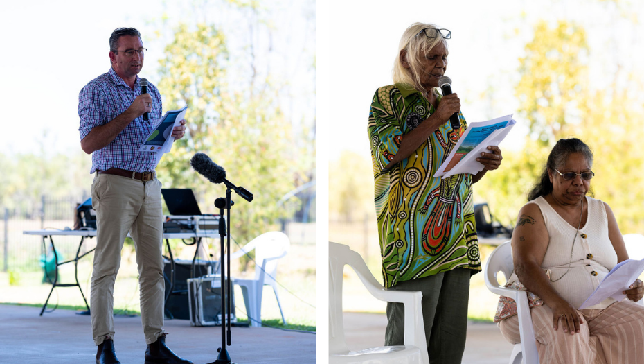 Minister Craig Crawford (L) and Wadja Elder Aunty Di alongside BKY Elder Davina (R) speaking at the QILCP celebration event. Images by Trent White.