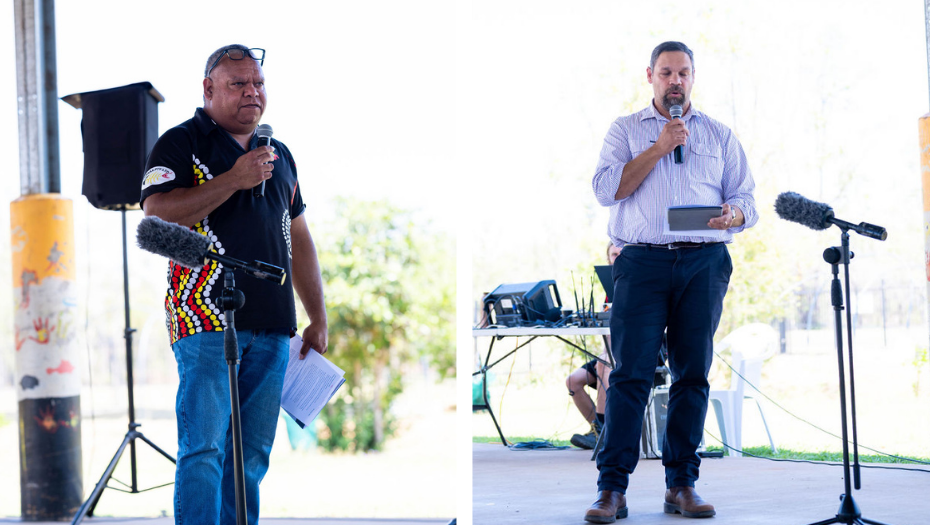 Barada Barna Board Director Mervyn Riley (L) and Woorabinda Mayor Josh Weazel (R) speaking at the QILCP celebration event. Images by Trent White.
