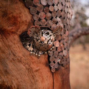 A small, cute possum peaks its head out from the Money Tree. Bronze and made from recycled coins and keys. Image by Christopher Chan.