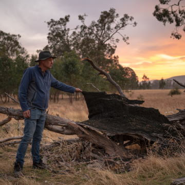 Artist Michael Moerkerk stands next to a piece of salvaged wood being used for the Money Tree base; out on the dry grasses of the Grampians with a yellow and pink sunrise in the background.Image by Christopher Chan.