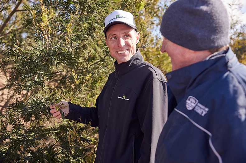 Great Southern Landscapes Program Specialist Ian Rayner - wearing a dark blue Greening Australia jacket and white cap - (left) inspecting the growth of trees on Arthursleigh Farm after 5 (five) years alongside Farm Manager, Steve (right).