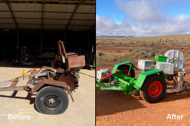 A brown, rusted seeding machine - a large seed storage box at the back of a trailer with two rear wheels, converted to a new, bright green direct seeding machine with red wheels and a new metal seed storage box on the back.