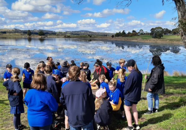 NITA Education with Oatlands primary school children at Lake Dulverton as part of the Tasmania Island Ark program. Students stand under a tall tree, overlooking a light blue river that is reflecting the white, fluffy clouds above it.