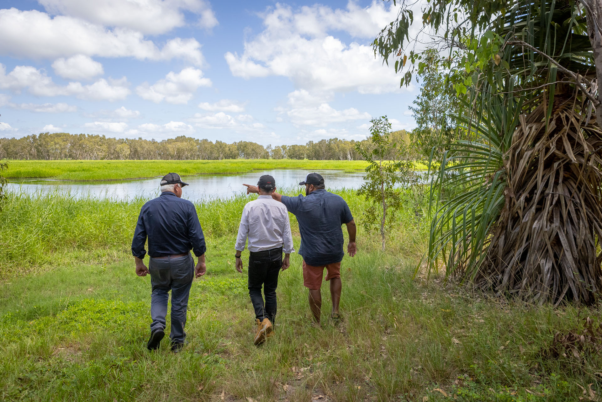 Three people walking towards a wetland