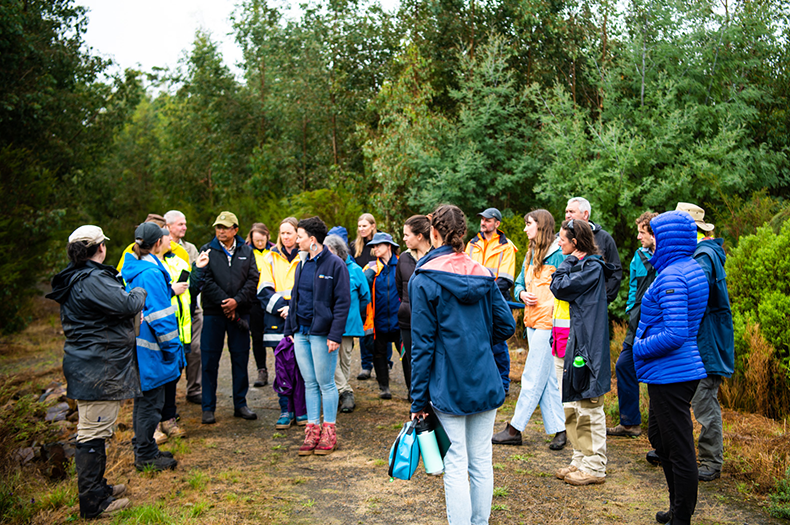 A group of people stand outdoors, listening to one of the group speaking, surrounded by young, green vegetation.