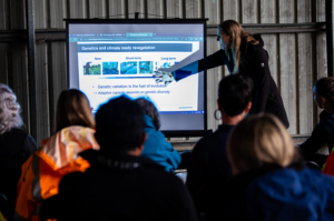 Looking over the heads of a listening audience, a presenter is shown standing beside a screen, talking to a slide that has the heading 'Genetics and climate ready revegetation'.