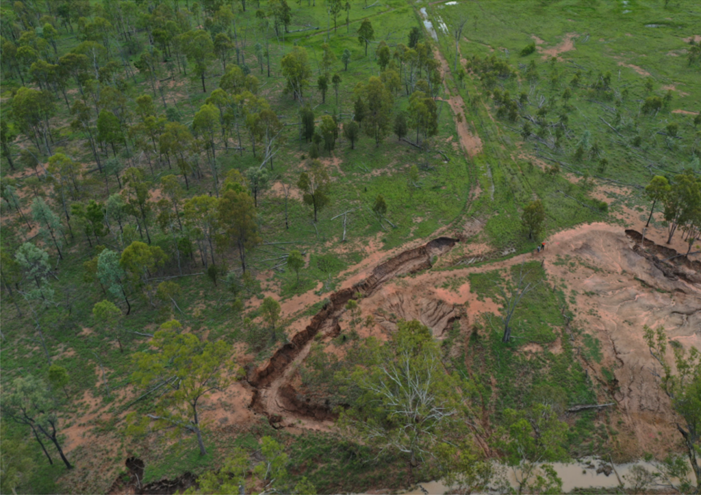 aerial view of eroding creek