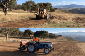 The top photo shows a machine scraping the top layer of soil and vegetation away in a paddock. The bottom photo shows the bare earth being sown by a tractor pulling a specialised seeder.