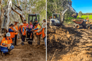 Two images side by side. One shows a group of Yuwi people on the top of the bund wall in high vis vests, picking up earth and letting it fall through their fingers. The other image shows an excavator scooping earth away from the bund wall.